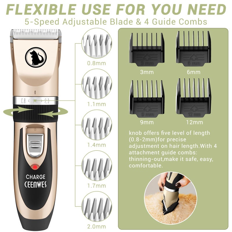 Ceenwes Dog Clippers Low Noise Pet Clippers Rechargeable Trimmer Cordless Grooming Tool Professional Dog Hair Trimmer with Comb Guides Scissors for Dogs Cats & Othersï¼ˆGoldï¼‰ - Image 3